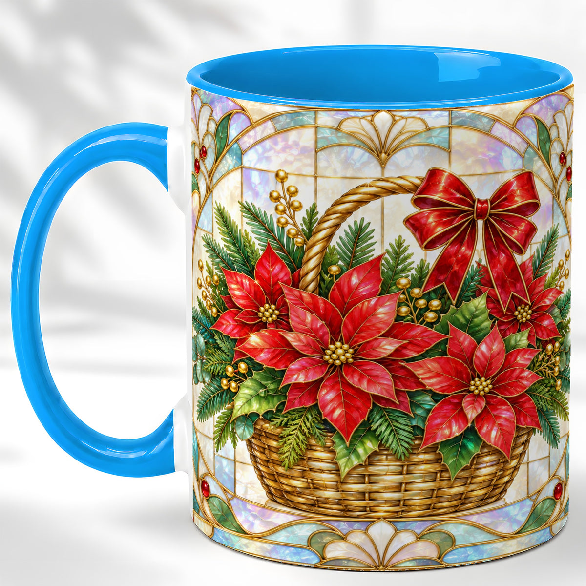 #pl[11oz|Blue] Stained Glass Poinsettia Coffee Mug, Christmas Floral Mug, Ceramic Cup