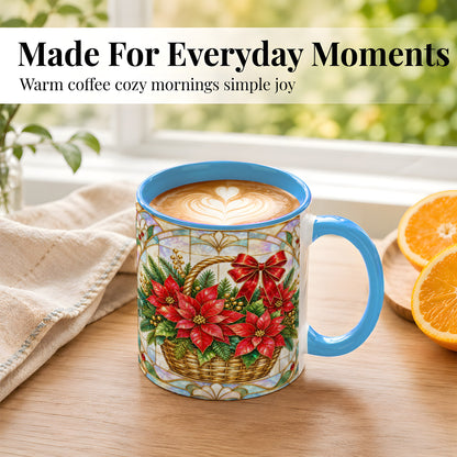 #pl[11oz|Blue] Stained Glass Poinsettia Coffee Mug, Christmas Floral Mug, Ceramic Cup