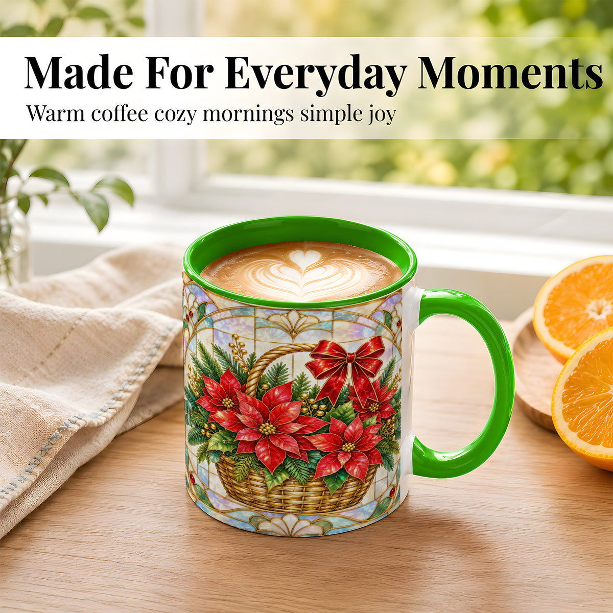 #pl[11oz|Green] Stained Glass Poinsettia Coffee Mug, Christmas Floral Mug, Ceramic Cup
