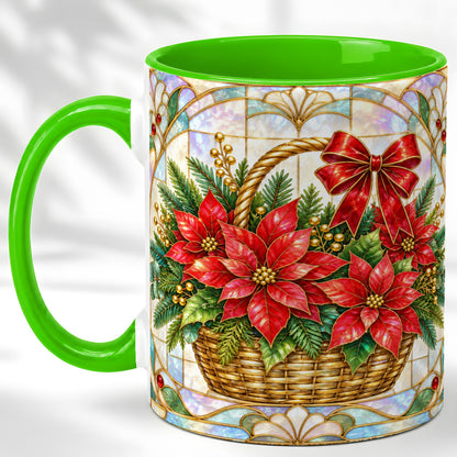 #pl[11oz|Green] Stained Glass Poinsettia Coffee Mug, Christmas Floral Mug, Ceramic Cup