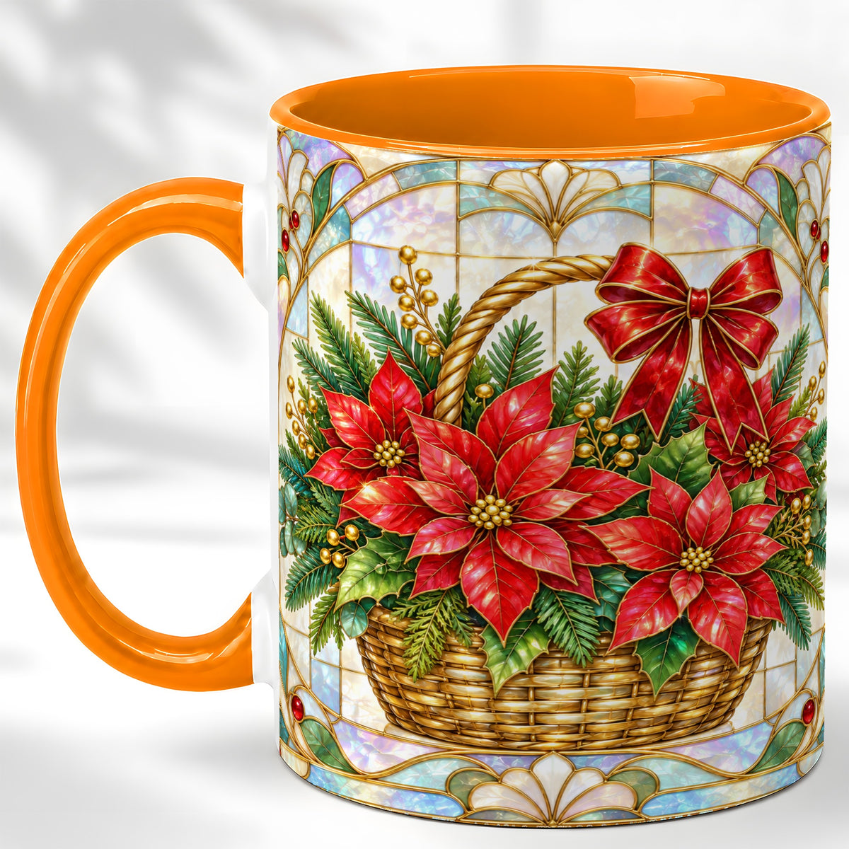 #pl[11oz|Orange] Stained Glass Poinsettia Coffee Mug, Christmas Floral Mug, Ceramic Cup