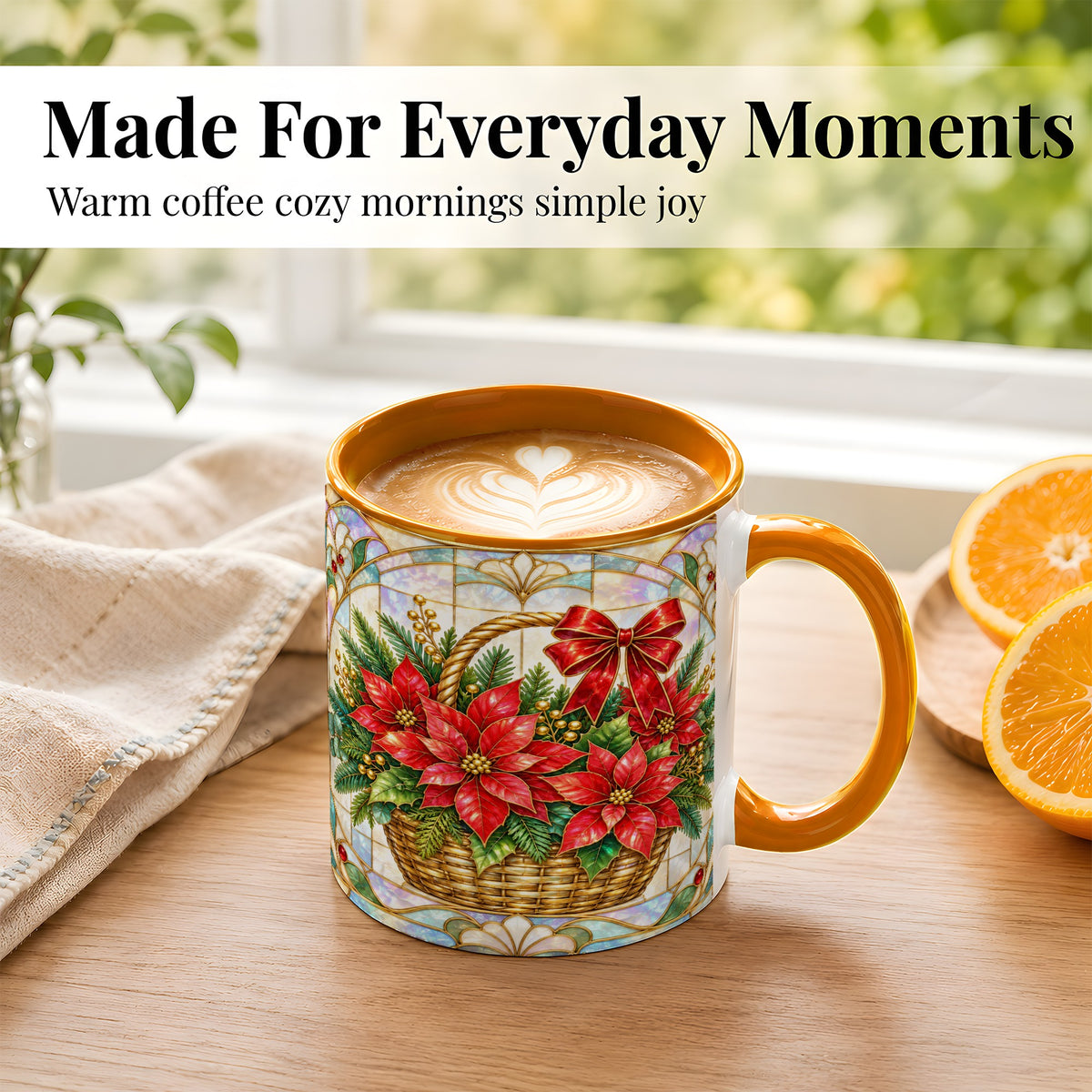 #pl[11oz|Orange] Stained Glass Poinsettia Coffee Mug, Christmas Floral Mug, Ceramic Cup