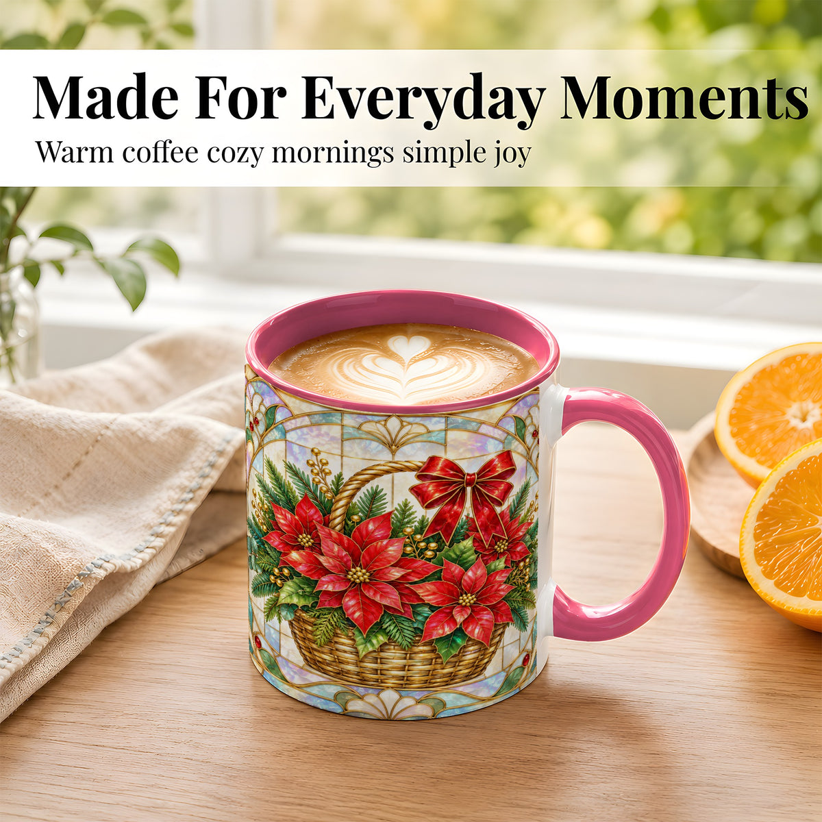 #pl[11oz|Pink] Stained Glass Poinsettia Coffee Mug, Christmas Floral Mug, Ceramic Cup
