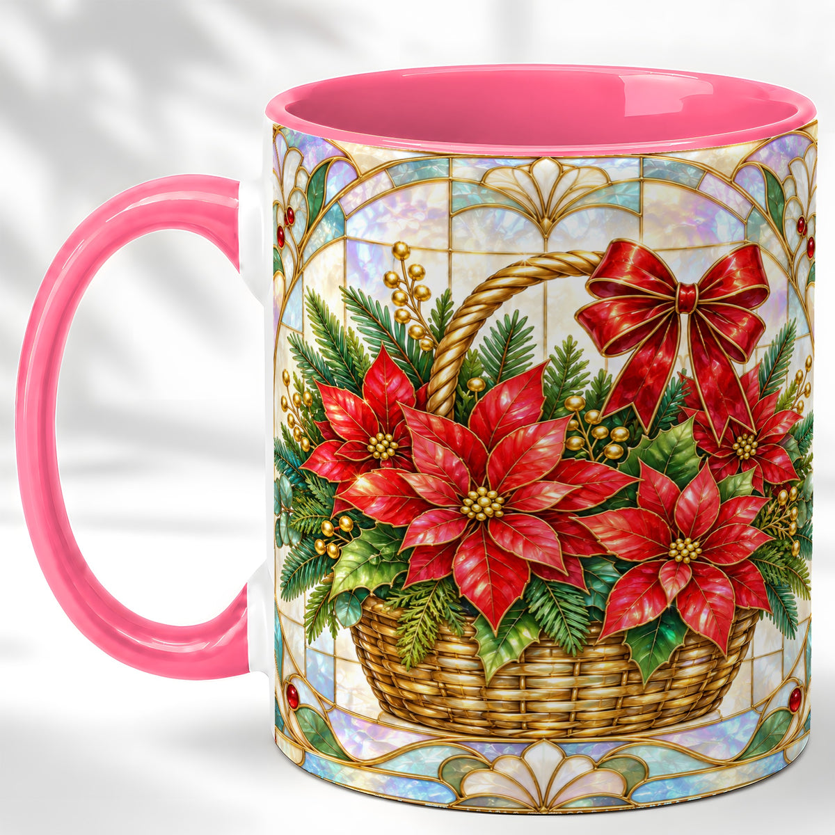 #pl[11oz|Pink] Stained Glass Poinsettia Coffee Mug, Christmas Floral Mug, Ceramic Cup