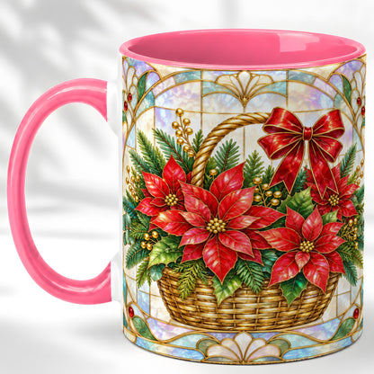#pl[11oz|Pink] Stained Glass Poinsettia Coffee Mug, Christmas Floral Mug, Ceramic Cup