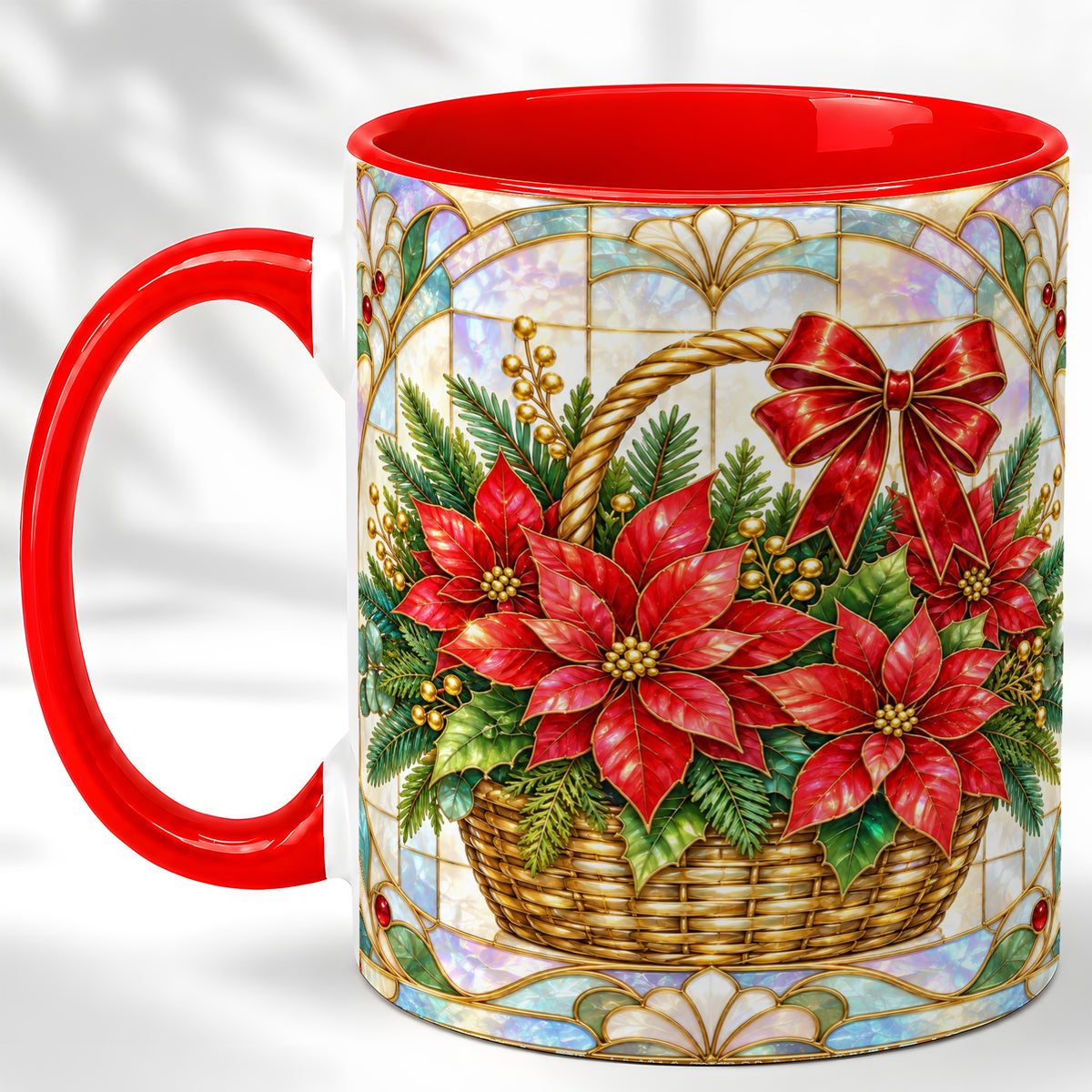 Stained Glass Poinsettia Coffee Mug, Christmas Floral Mug, Ceramic Cup