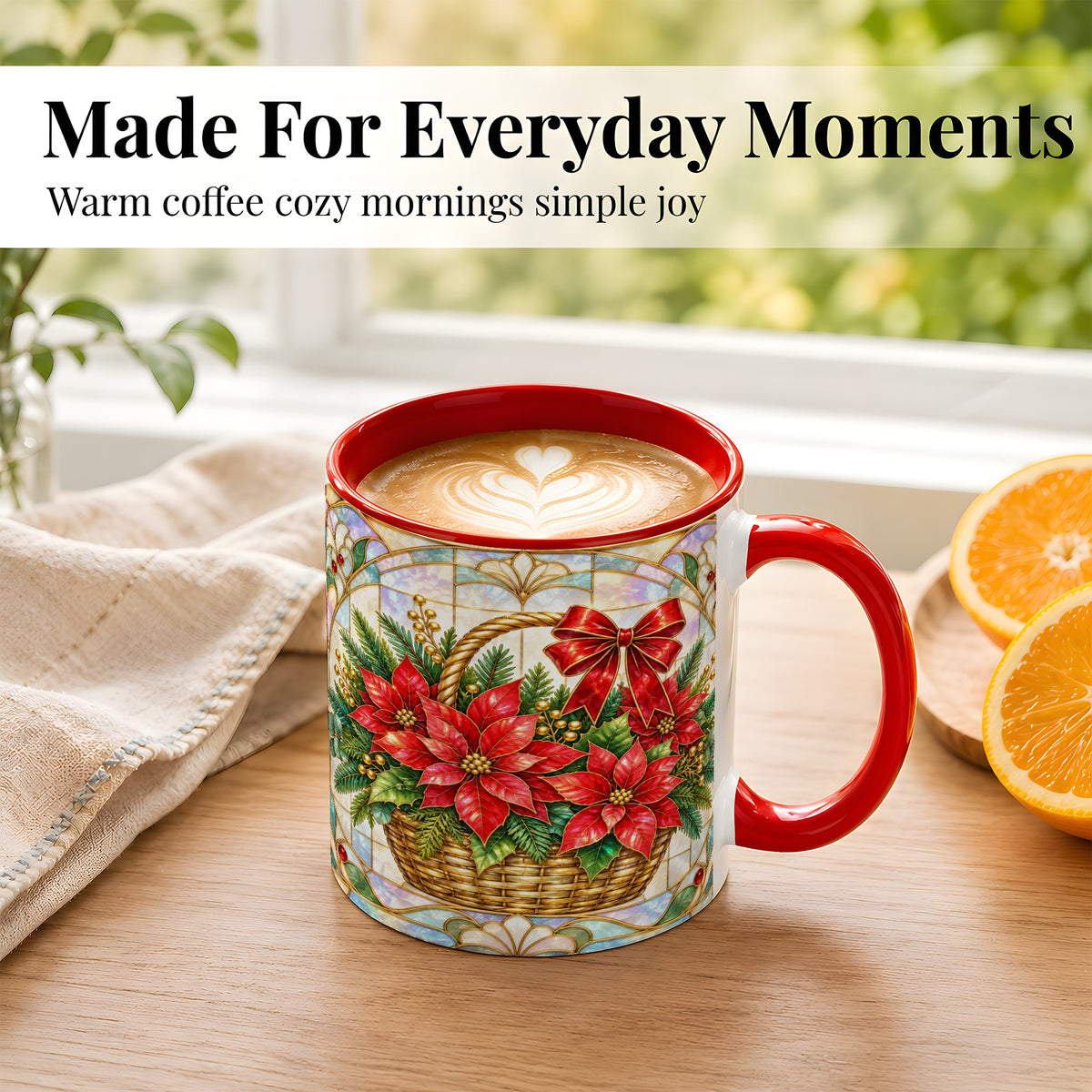 #pl[11oz|Red] Stained Glass Poinsettia Coffee Mug, Christmas Floral Mug, Ceramic Cup