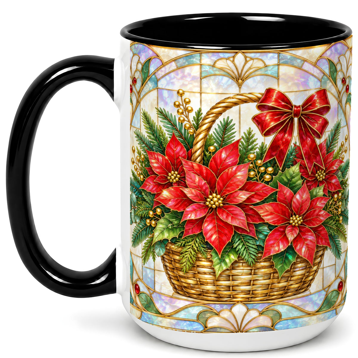 #pl[15oz|Black] Stained Glass Poinsettia Coffee Mug, Christmas Floral Mug, Ceramic Cup
