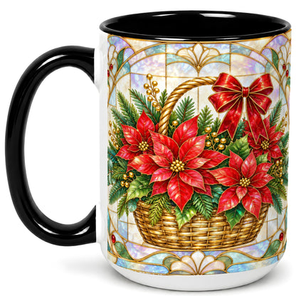 #pl[15oz|Black] Stained Glass Poinsettia Coffee Mug, Christmas Floral Mug, Ceramic Cup