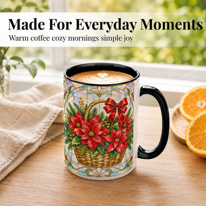 #pl[15oz|Black] Stained Glass Poinsettia Coffee Mug, Christmas Floral Mug, Ceramic Cup