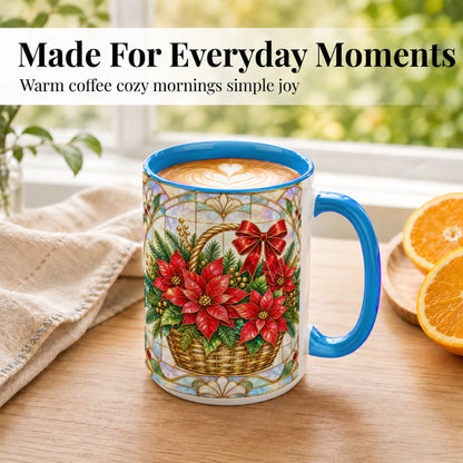 #pl[15oz|Blue] Stained Glass Poinsettia Coffee Mug, Christmas Floral Mug, Ceramic Cup