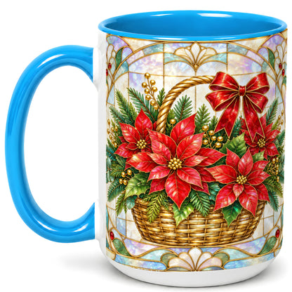 #pl[15oz|Blue] Stained Glass Poinsettia Coffee Mug, Christmas Floral Mug, Ceramic Cup