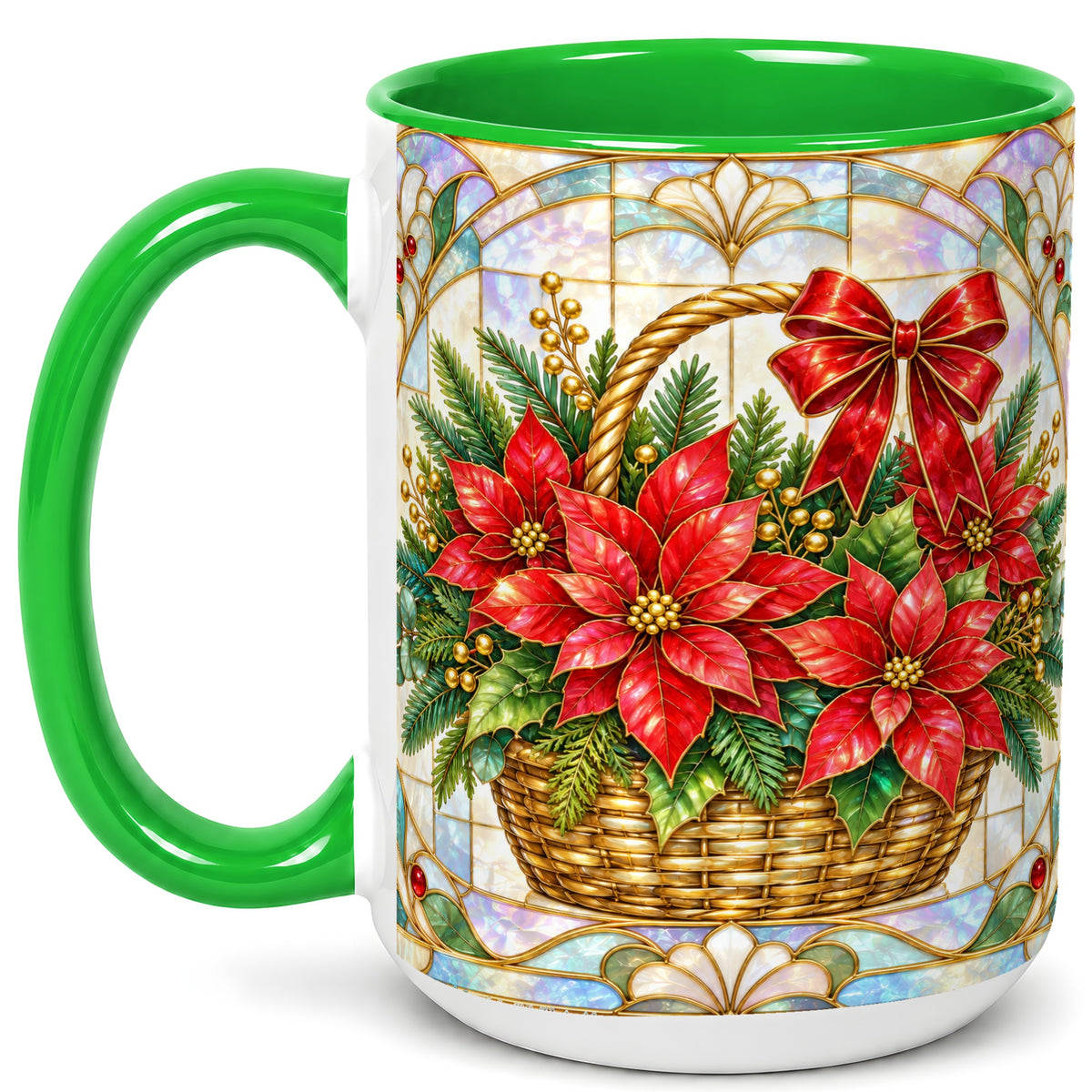 #pl[15oz|Green] Stained Glass Poinsettia Coffee Mug, Christmas Floral Mug, Ceramic Cup