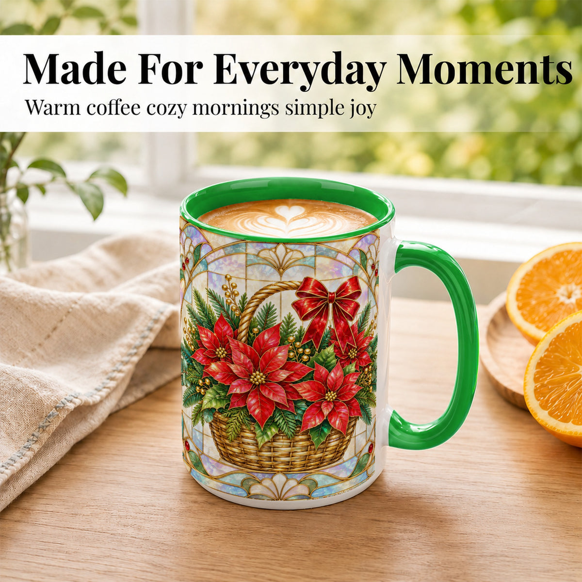 #pl[15oz|Green] Stained Glass Poinsettia Coffee Mug, Christmas Floral Mug, Ceramic Cup