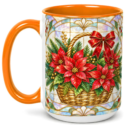 #pl[15oz|Orange] Stained Glass Poinsettia Coffee Mug, Christmas Floral Mug, Ceramic Cup