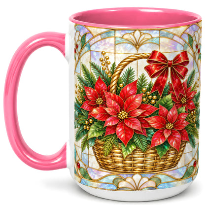 #pl[15oz|Pink] Stained Glass Poinsettia Coffee Mug, Christmas Floral Mug, Ceramic Cup