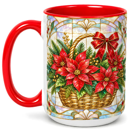 #pl[15oz|Red] Stained Glass Poinsettia Coffee Mug, Christmas Floral Mug, Ceramic Cup