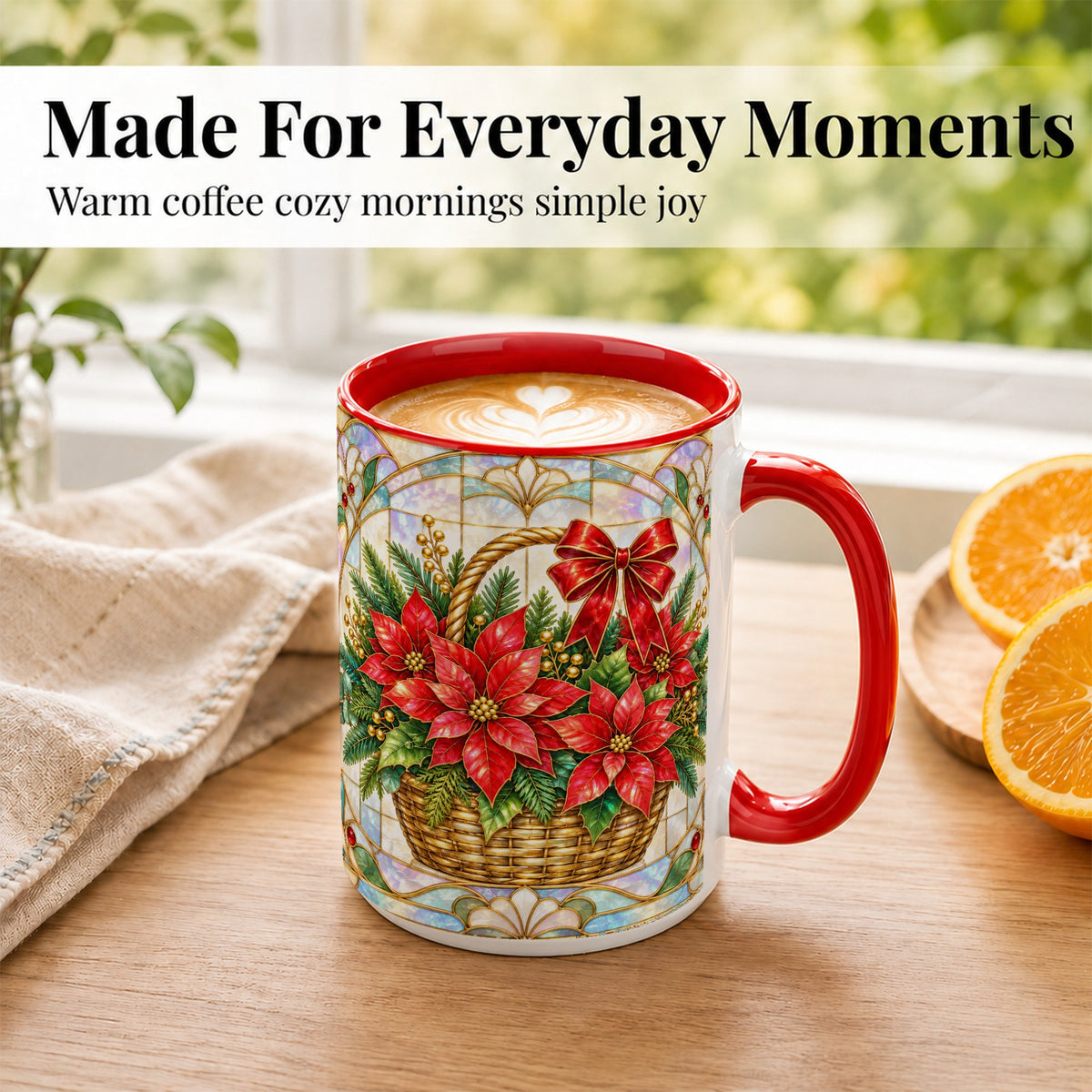 #pl[15oz|Red] Stained Glass Poinsettia Coffee Mug, Christmas Floral Mug, Ceramic Cup