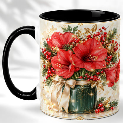 #pl[11oz|Black] Christmas Amaryllis Coffee Mug, Red Floral Mug, Ceramic Cup