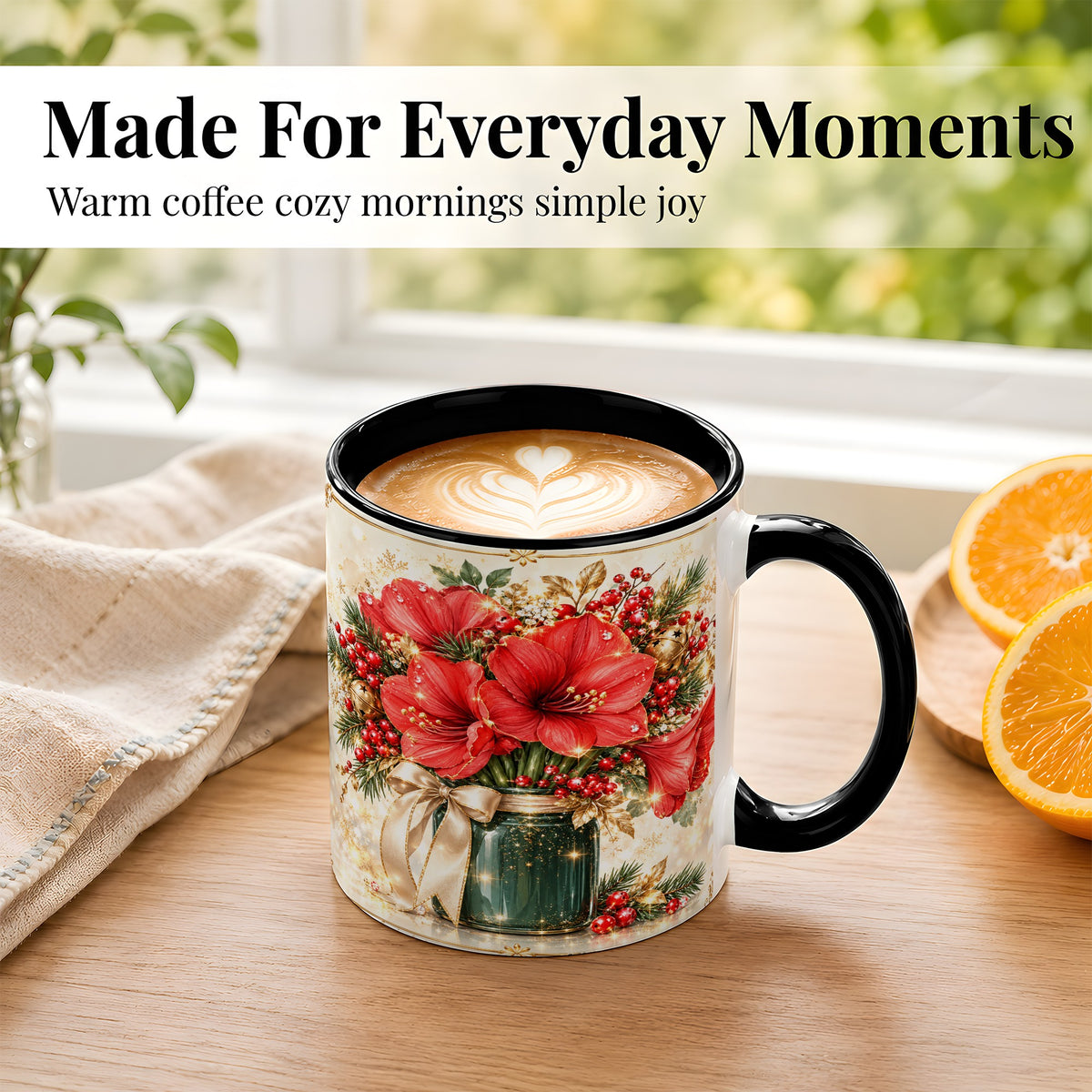 #pl[11oz|Black] Christmas Amaryllis Coffee Mug, Red Floral Mug, Ceramic Cup
