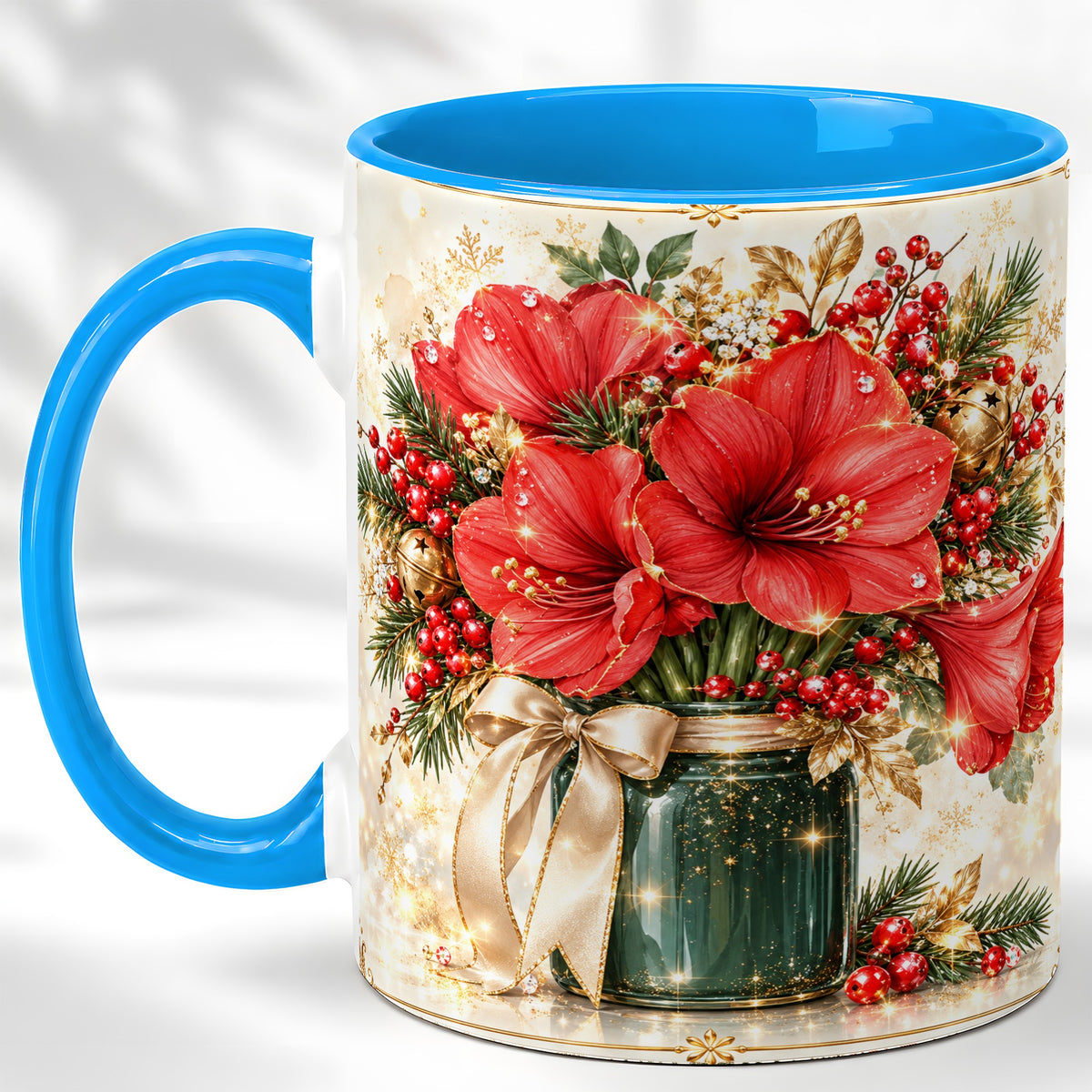 #pl[11oz|Blue] Christmas Amaryllis Coffee Mug, Red Floral Mug, Ceramic Cup