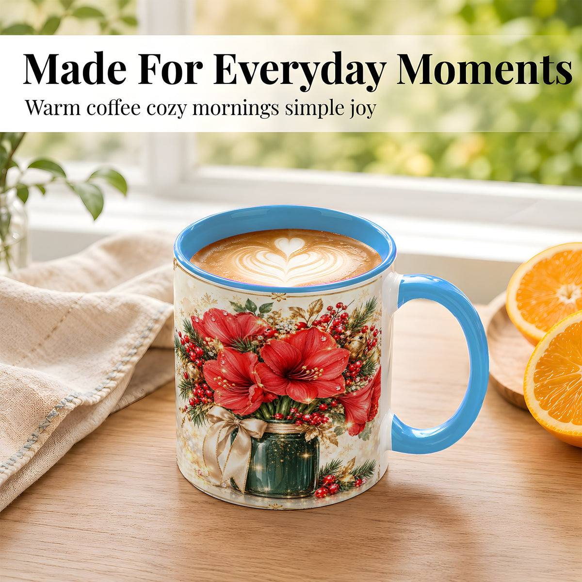 #pl[11oz|Blue] Christmas Amaryllis Coffee Mug, Red Floral Mug, Ceramic Cup