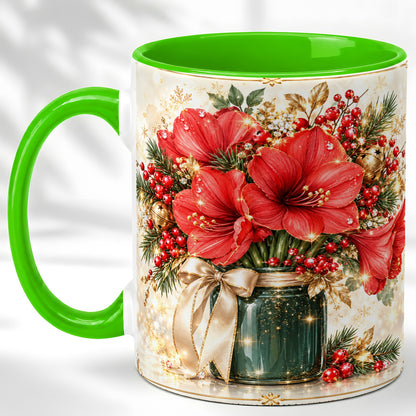 #pl[11oz|Green] Christmas Amaryllis Coffee Mug, Red Floral Mug, Ceramic Cup