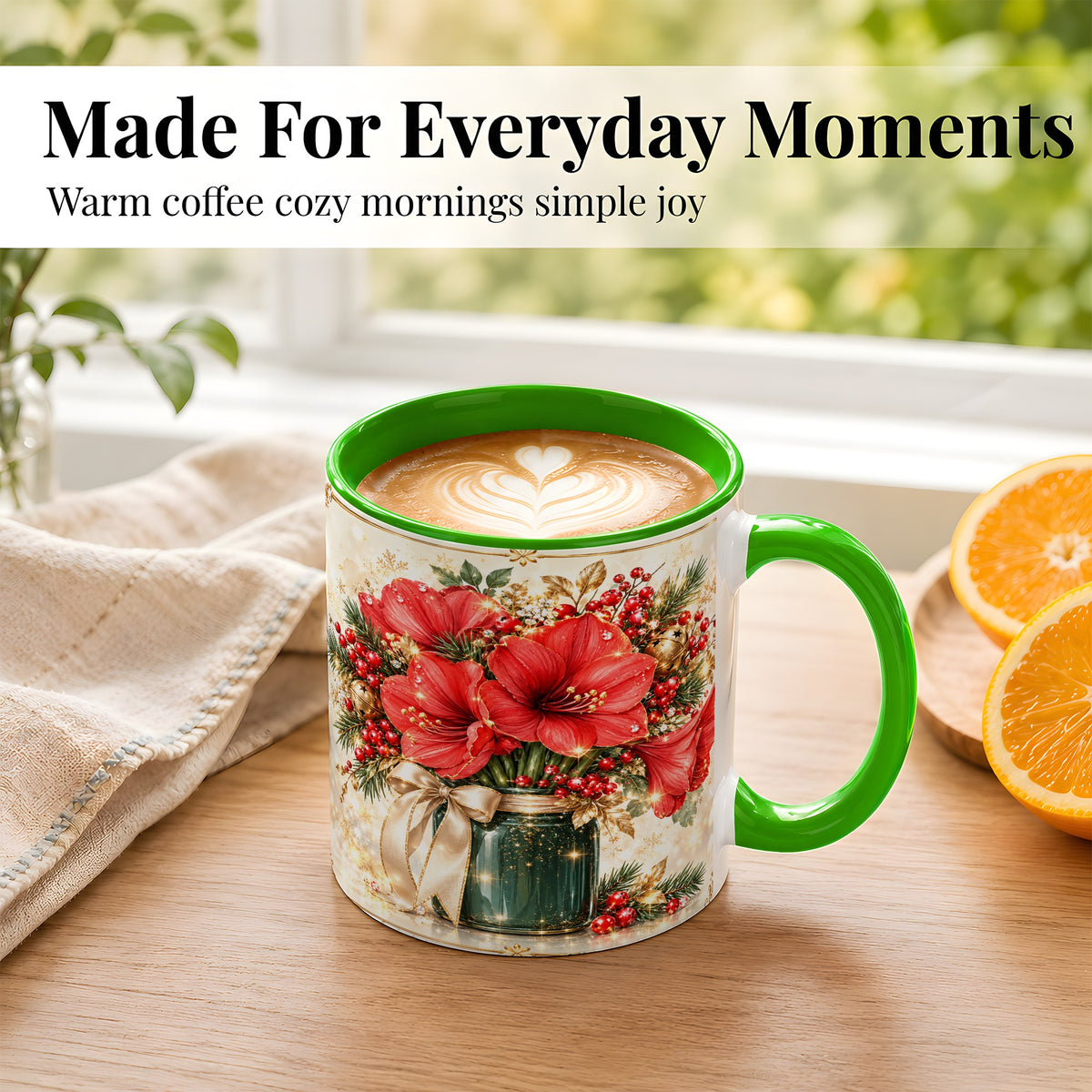 #pl[11oz|Green] Christmas Amaryllis Coffee Mug, Red Floral Mug, Ceramic Cup