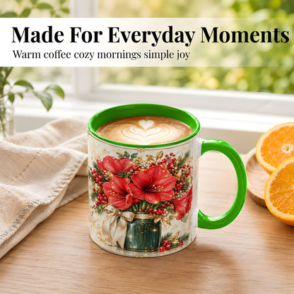 #pl[11oz|Green] Christmas Amaryllis Coffee Mug, Red Floral Mug, Ceramic Cup