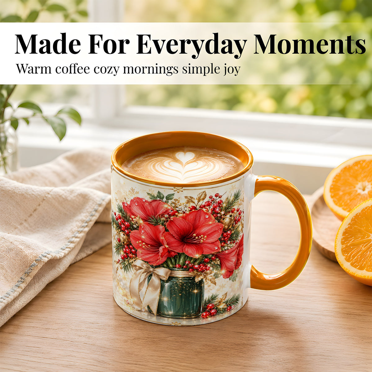 #pl[11oz|Orange] Christmas Amaryllis Coffee Mug, Red Floral Mug, Ceramic Cup
