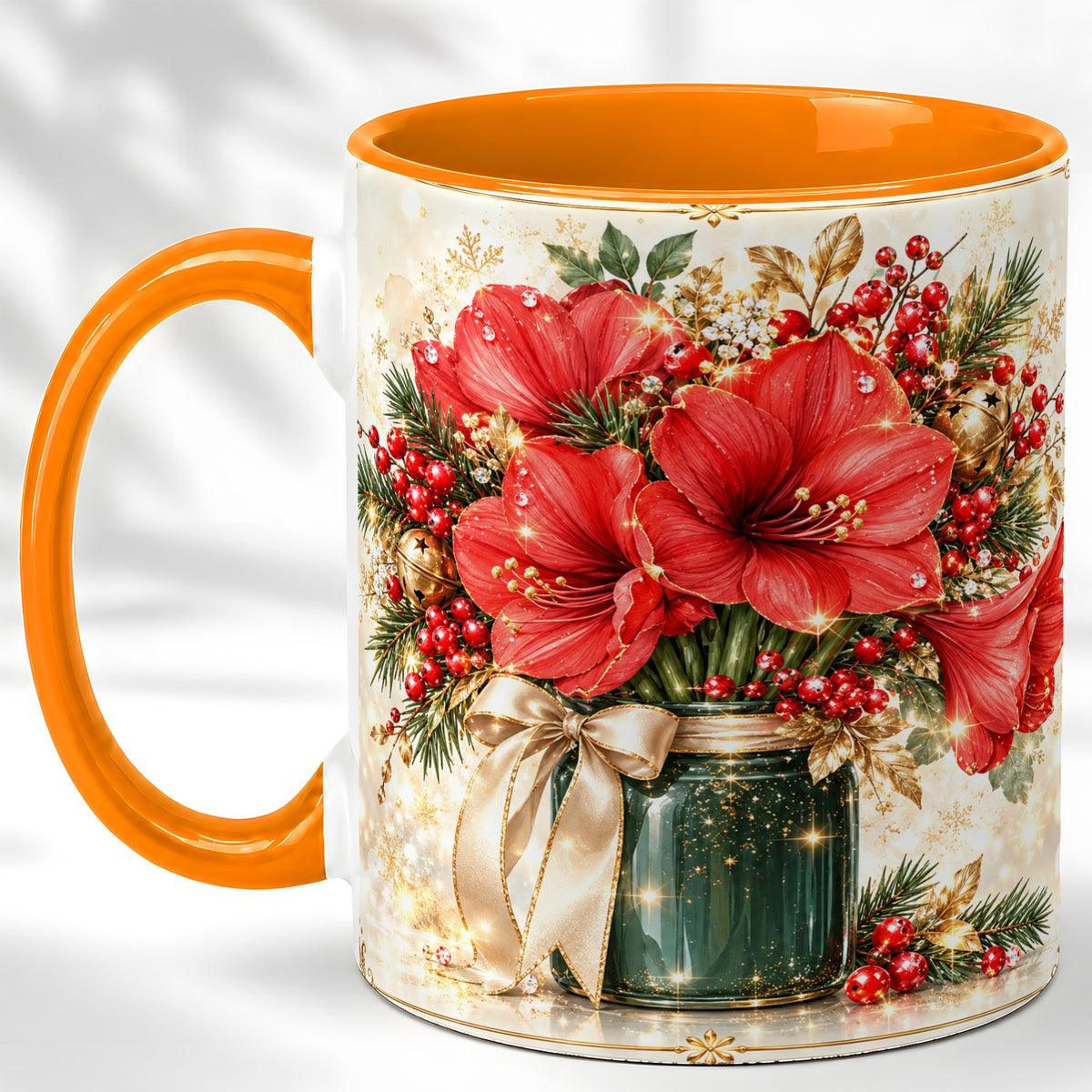 #pl[11oz|Orange] Christmas Amaryllis Coffee Mug, Red Floral Mug, Ceramic Cup