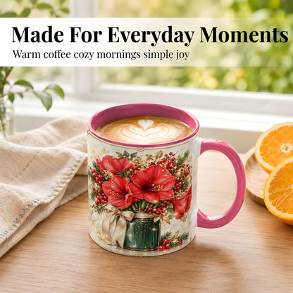 #pl[11oz|Pink] Christmas Amaryllis Coffee Mug, Red Floral Mug, Ceramic Cup