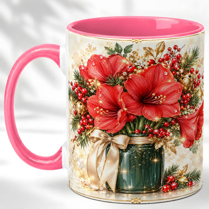 #pl[11oz|Pink] Christmas Amaryllis Coffee Mug, Red Floral Mug, Ceramic Cup