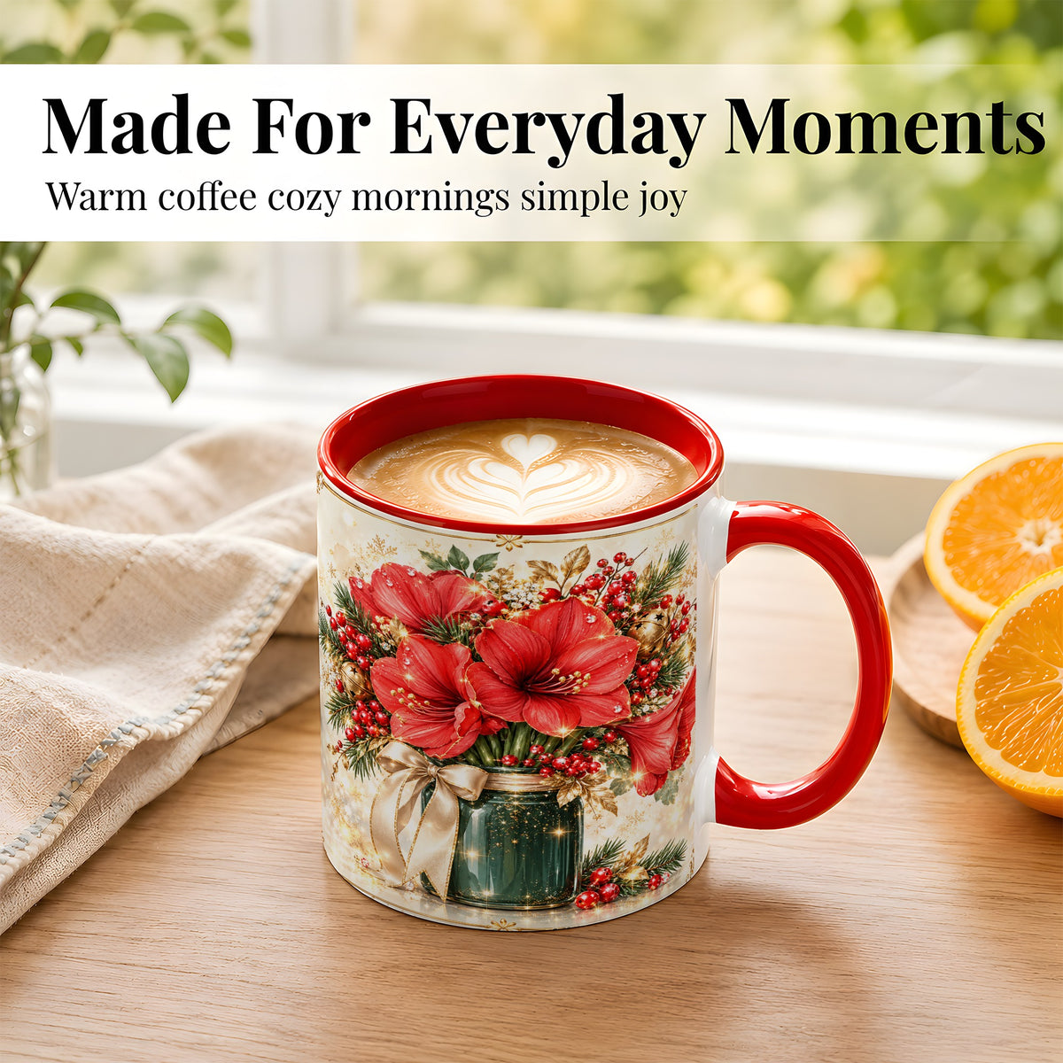 #pl[11oz|Red] Christmas Amaryllis Coffee Mug, Red Floral Mug, Ceramic Cup