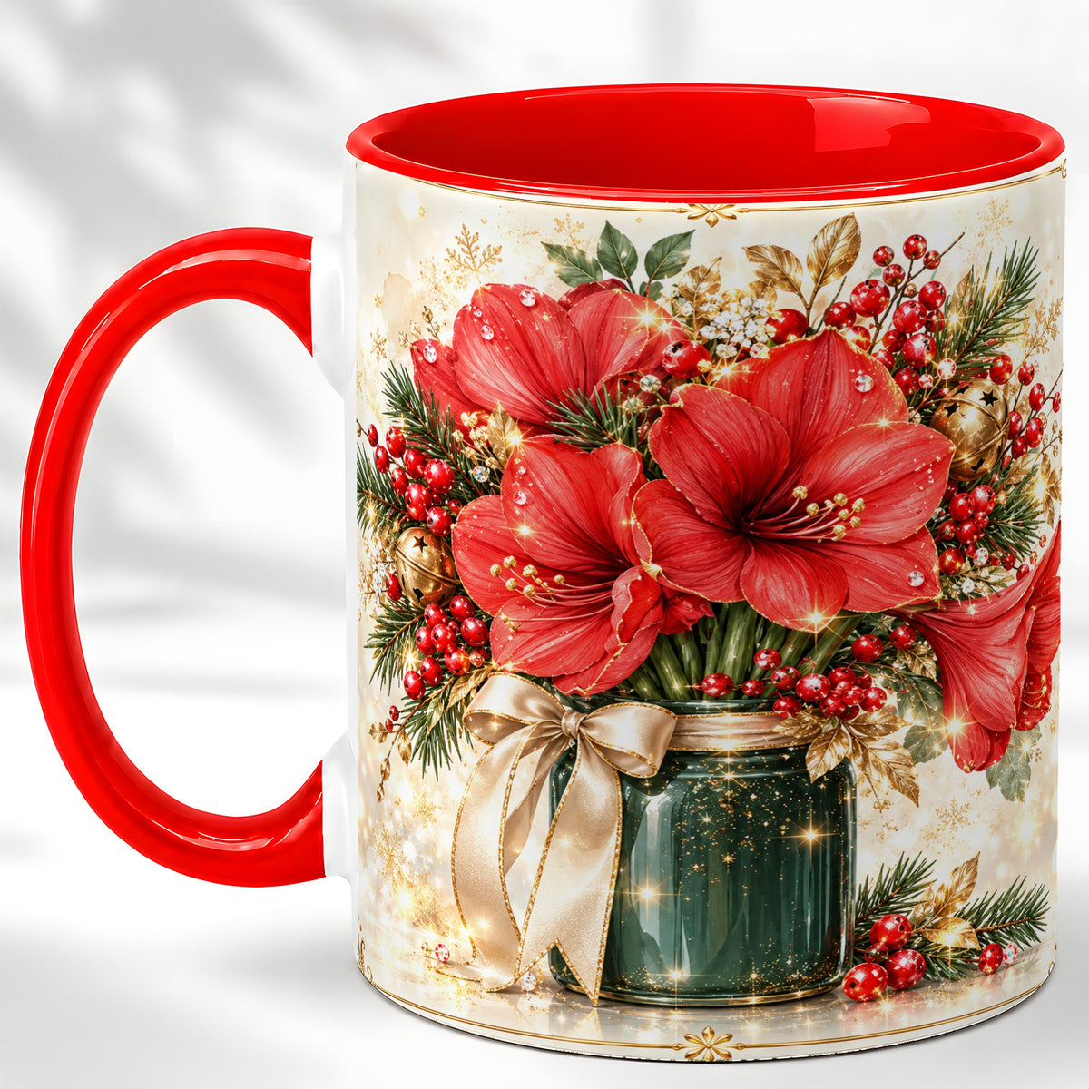 Christmas Amaryllis Coffee Mug, Red Floral Mug, Ceramic Cup