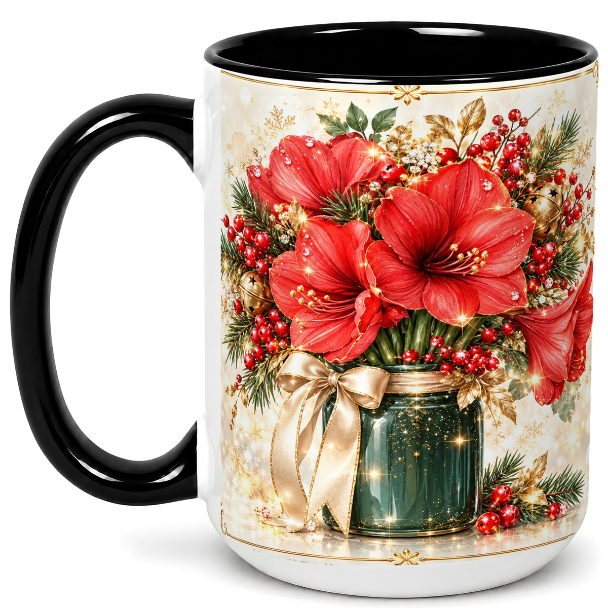 #pl[15oz|Black] Christmas Amaryllis Coffee Mug, Red Floral Mug, Ceramic Cup