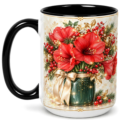#pl[15oz|Black] Christmas Amaryllis Coffee Mug, Red Floral Mug, Ceramic Cup