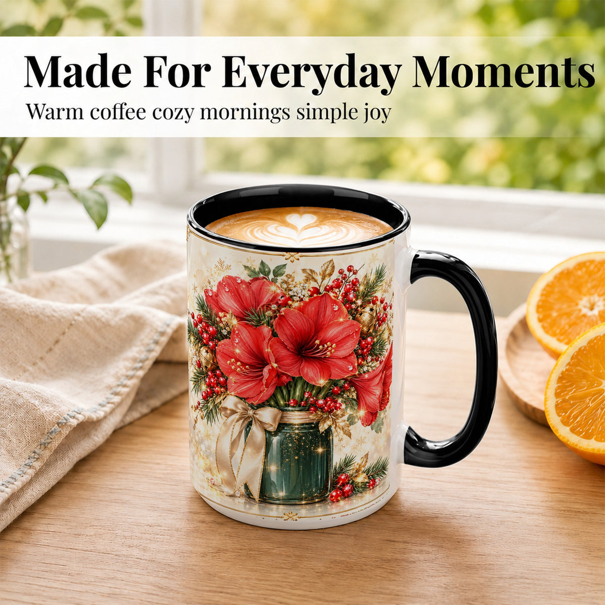 #pl[15oz|Black] Christmas Amaryllis Coffee Mug, Red Floral Mug, Ceramic Cup