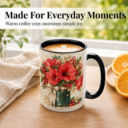 #pl[15oz|Black] Christmas Amaryllis Coffee Mug, Red Floral Mug, Ceramic Cup