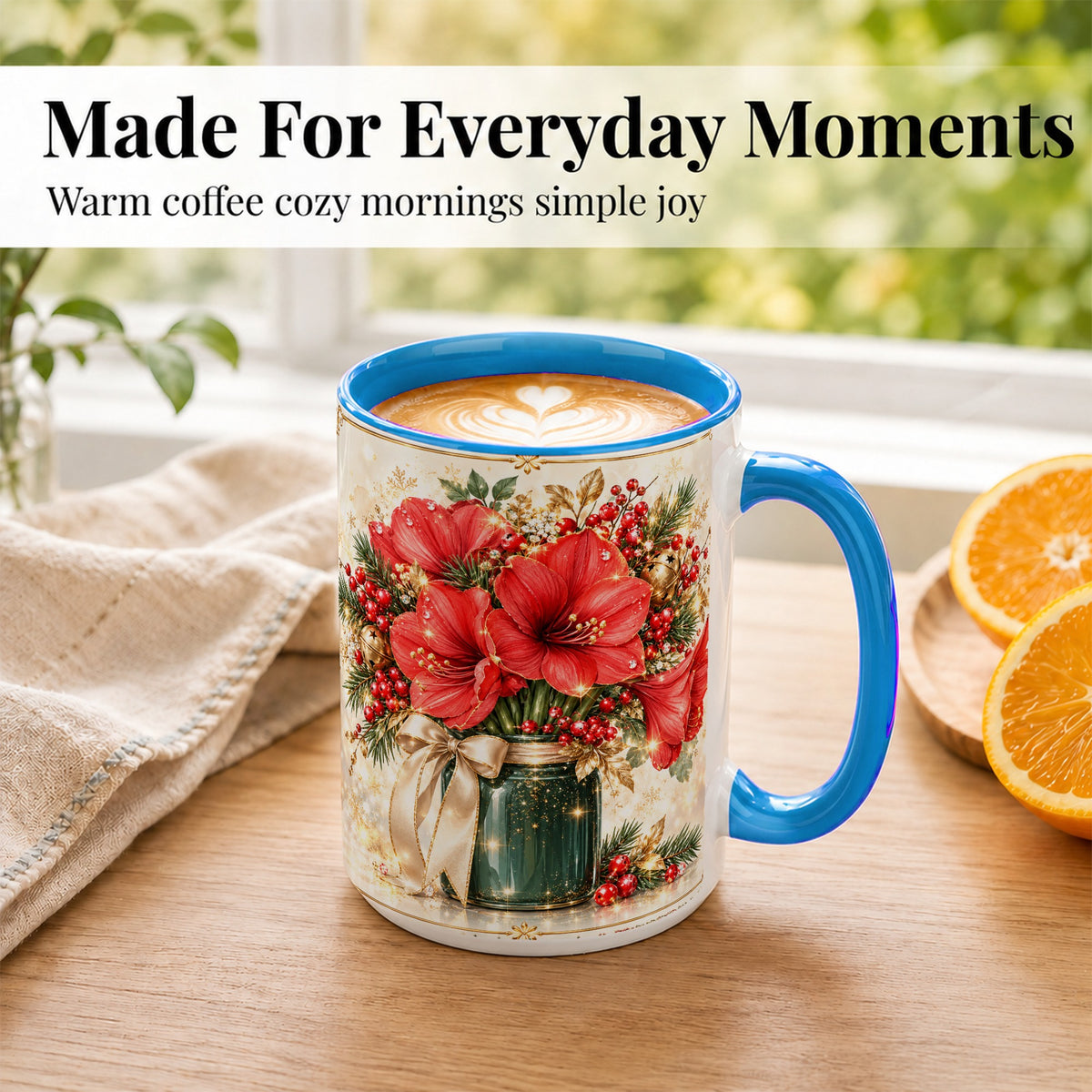 #pl[15oz|Blue] Christmas Amaryllis Coffee Mug, Red Floral Mug, Ceramic Cup