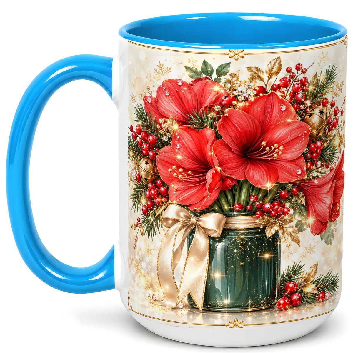 #pl[15oz|Blue] Christmas Amaryllis Coffee Mug, Red Floral Mug, Ceramic Cup