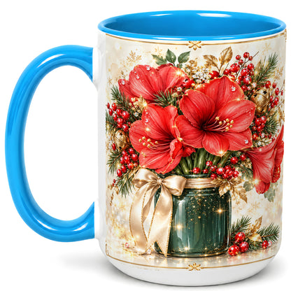 #pl[15oz|Blue] Christmas Amaryllis Coffee Mug, Red Floral Mug, Ceramic Cup