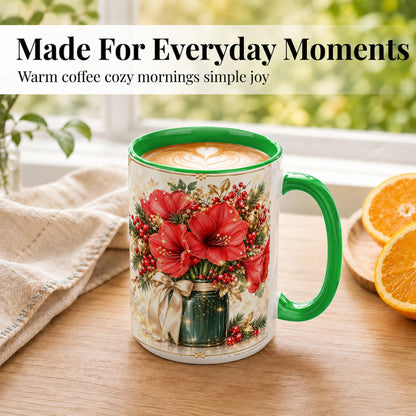 #pl[15oz|Green] Christmas Amaryllis Coffee Mug, Red Floral Mug, Ceramic Cup