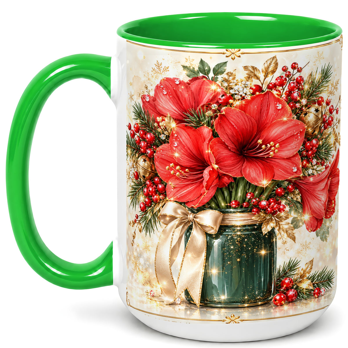 #pl[15oz|Green] Christmas Amaryllis Coffee Mug, Red Floral Mug, Ceramic Cup