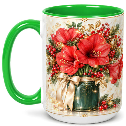 #pl[15oz|Green] Christmas Amaryllis Coffee Mug, Red Floral Mug, Ceramic Cup