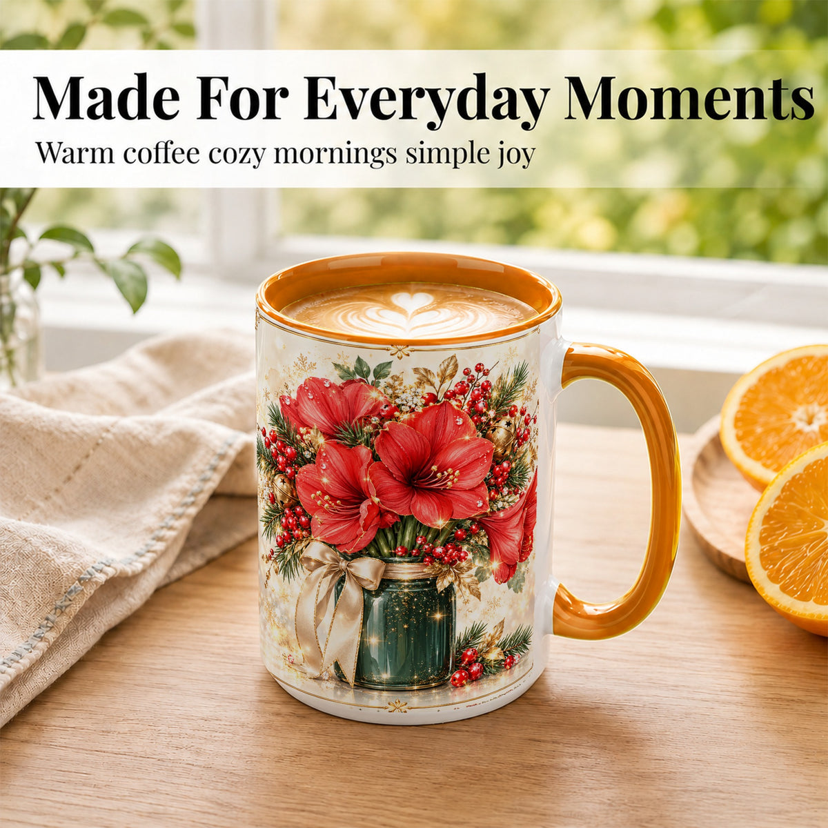 #pl[15oz|Orange] Christmas Amaryllis Coffee Mug, Red Floral Mug, Ceramic Cup