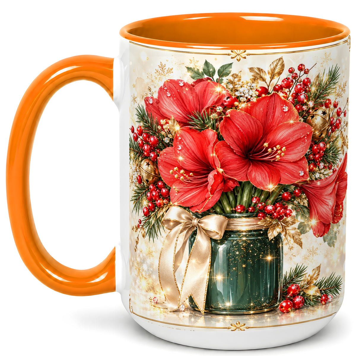 #pl[15oz|Orange] Christmas Amaryllis Coffee Mug, Red Floral Mug, Ceramic Cup