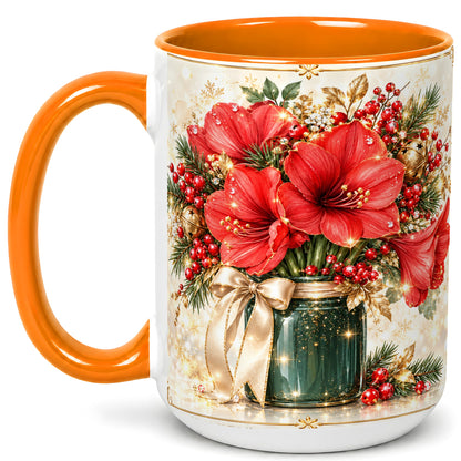 #pl[15oz|Orange] Christmas Amaryllis Coffee Mug, Red Floral Mug, Ceramic Cup