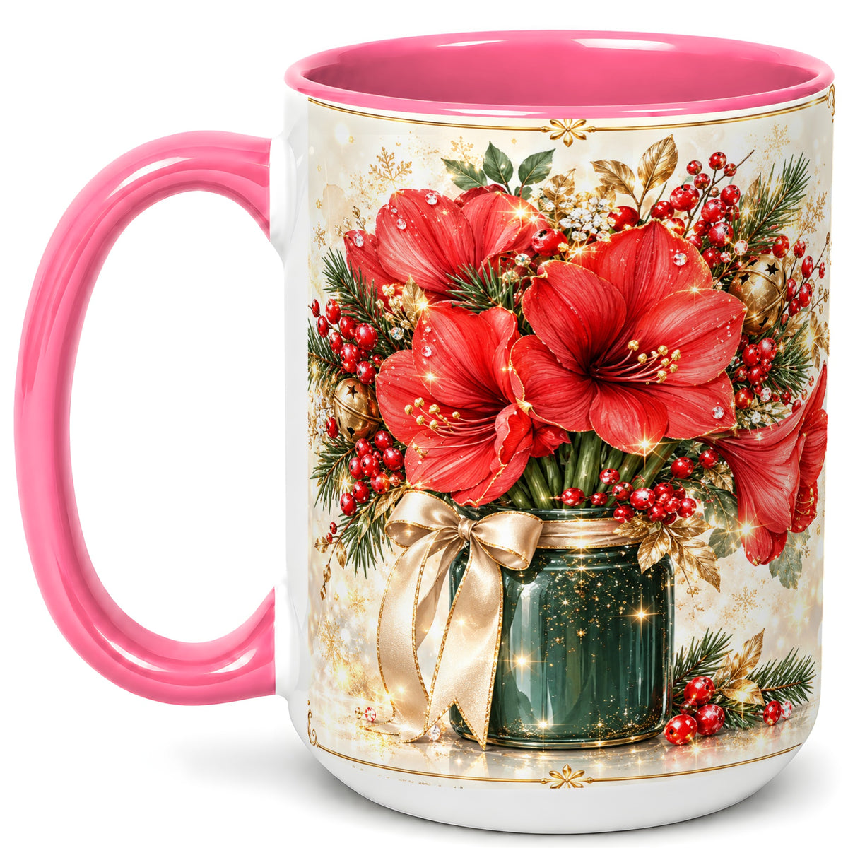 #pl[15oz|Pink] Christmas Amaryllis Coffee Mug, Red Floral Mug, Ceramic Cup
