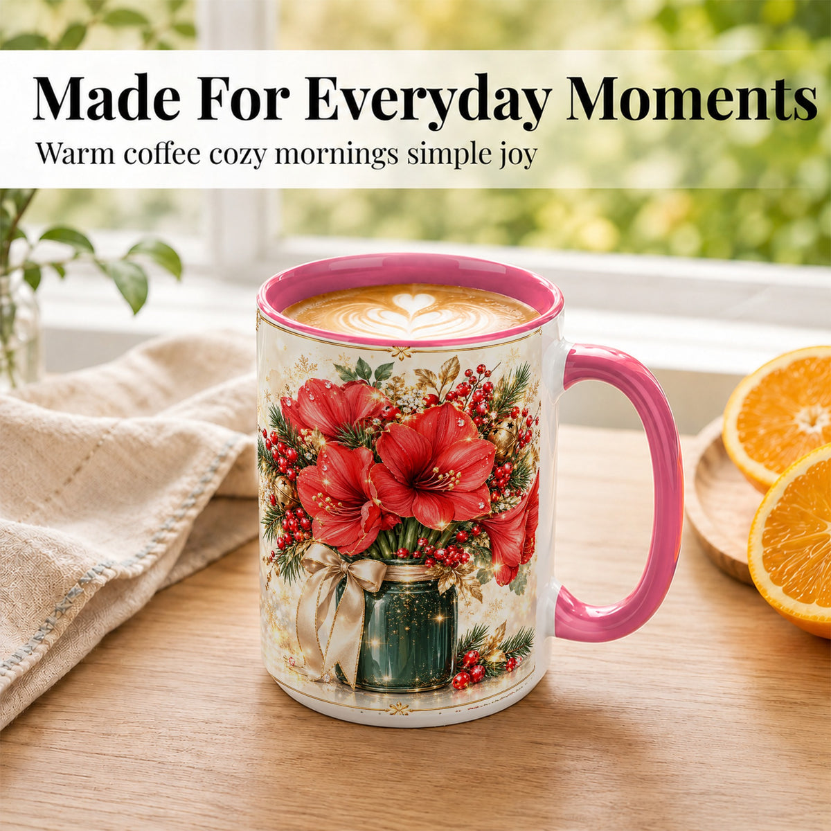 #pl[15oz|Pink] Christmas Amaryllis Coffee Mug, Red Floral Mug, Ceramic Cup